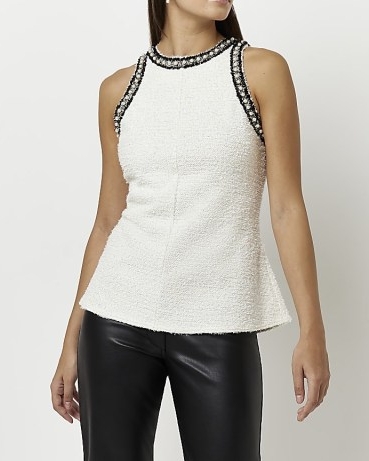 RIVER ISLAND CREAM BOUCLE EMBELLISHED PEPLUM TOP ~ sleeveless textured faux pearl trimmed evening tops