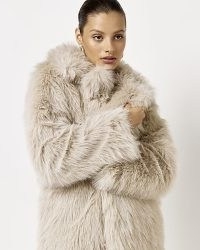 RIVER ISLAND CREAM FAUX FUR LONGLINE COAT ~ women’s luxe style midi length coats ~ glamorous vintage inspired winter outerwear