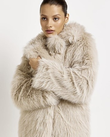 RIVER ISLAND CREAM FAUX FUR LONGLINE COAT ~ women’s luxe style midi length coats ~ glamorous vintage inspired winter outerwear - flipped