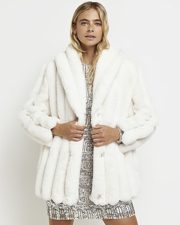 RIVER ISLAND CREAM FAUX FUR PANELLED COAT / glamorous luxe style coats / winter evening outerwear