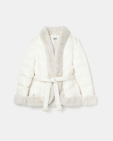 RIVER ISLAND CREAM FUR TRIM BELTED PADDED JACKET ~ women’s quilted tie waist jackets - flipped