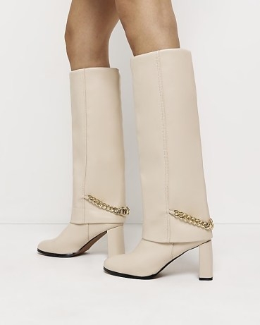 RIVER ISLAND CREAM HEELED FOLD OVER BOOTS ~ chain embellished footwear - flipped