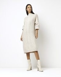 River Island CREAM KNIT CABLE JUMPER MIDI DRESS | drop shoulder sweater dresses | neutral knits | on-trend knitted fashion