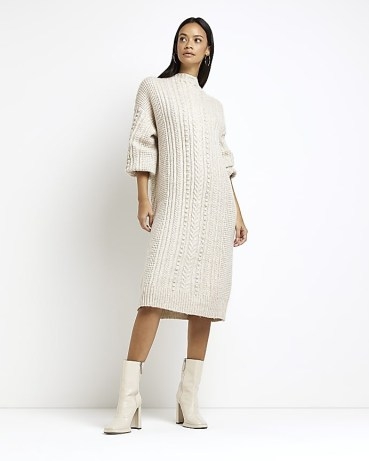 River Island CREAM KNIT CABLE JUMPER MIDI DRESS | drop shoulder sweater dresses | neutral knits | on-trend knitted fashion - flipped