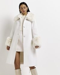 RIVER ISLAND CREAM WOOL FAUX FUR DETAIL LONGLINE COAT / luxe style winter coats