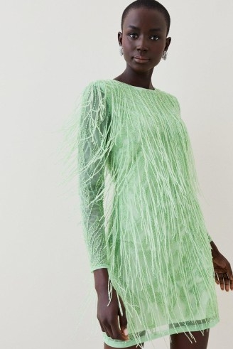 KAREN MILLEN Crystal Embellished Fringed Mini Dress in Green ~ beaded sheet overlay party dresses ~ women’s fringe embellished party fashion - flipped