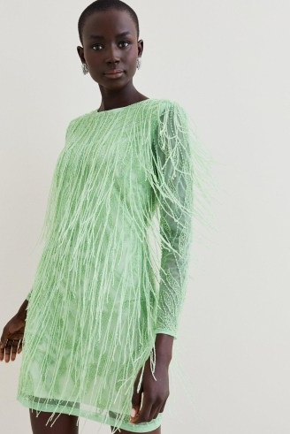 KAREN MILLEN Crystal Embellished Fringed Mini Dress in Green ~ beaded sheet overlay party dresses ~ women’s fringe embellished party fashion