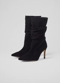 L.K. BENNETT Dallas Black Suede Ruched Knee Boots – gathered detail – women’s chic winter footwear
