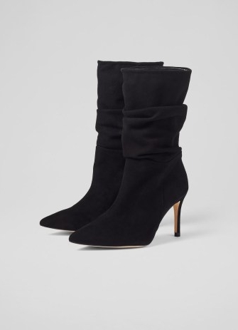 L.K. BENNETT Dallas Black Suede Ruched Knee Boots – gathered detail – women’s chic winter footwear