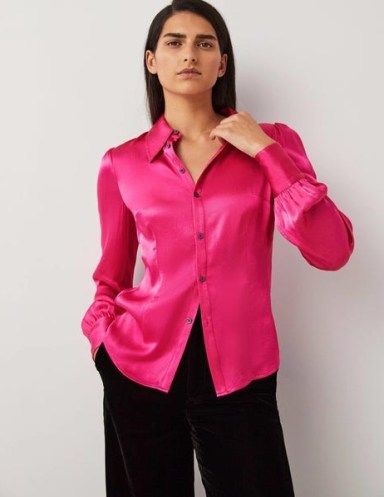 Boden Dart Detail Satin Fitted Shirt Wild Watermelon Pink ~ women’s vibrant silky shirts ~ vintage inspired clothes - flipped