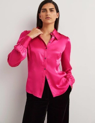 Boden Dart Detail Satin Fitted Shirt Wild Watermelon Pink ~ women’s vibrant silky shirts ~ vintage inspired clothes