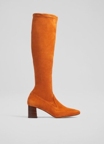L.K. BENNETT Davina Nutmeg Stretch Suede Knee-High Boots ~ women’s slim fit orange-brown winter boot - flipped