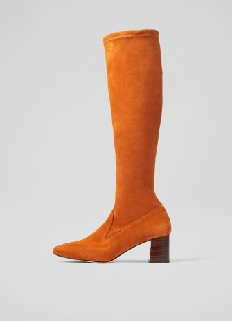 L.K. BENNETT Davina Nutmeg Stretch Suede Knee-High Boots ~ women’s slim fit orange-brown winter boot