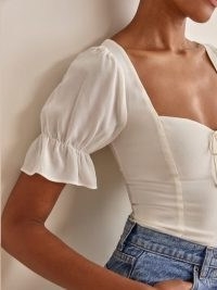 Reformation Delevan Top in Gossamer ~ puff sleeve sweetheart neckline tops ~ fitted bodice fashion