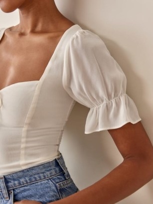 Reformation Delevan Top in Gossamer ~ puff sleeve sweetheart neckline tops ~ fitted bodice fashion - flipped