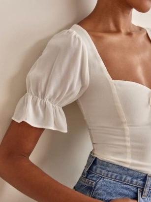 Reformation Delevan Top in Gossamer ~ puff sleeve sweetheart neckline tops ~ fitted bodice fashion