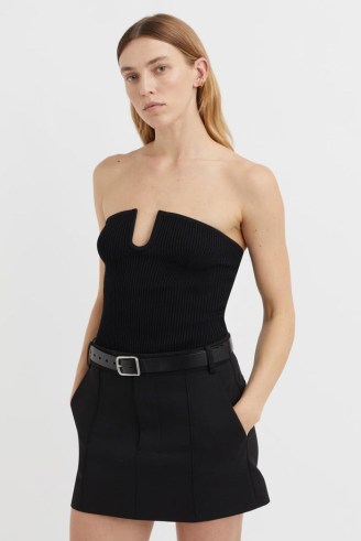 CAMILLA AND MARC Delfina Rib Corset Knit Top in Black | strapless fitted bodice tops | front cutout bandeau neckline - flipped