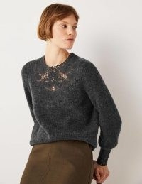 Boden Detail Fluffy Jumper Charcoal Melange Embroidery | cut out lace style jumpers