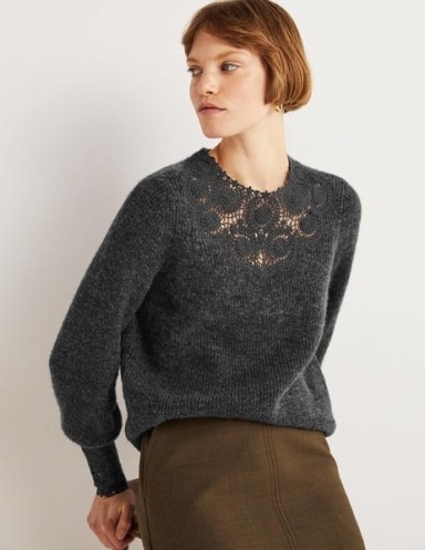 Boden Detail Fluffy Jumper Charcoal Melange Embroidery | cut out lace style jumpers - flipped