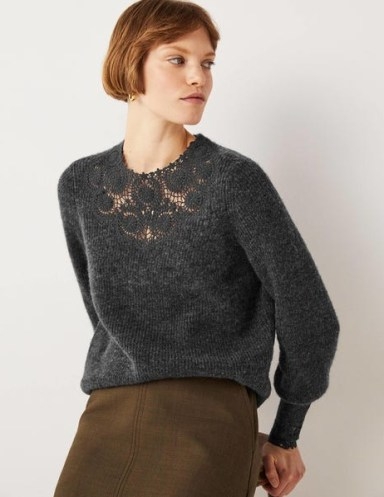Boden Detail Fluffy Jumper Charcoal Melange Embroidery | cut out lace style jumpers