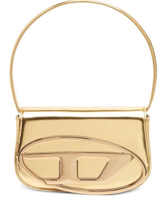 Diesel logo-plaque shoulder bag in gold tone / metallic 90s inspired handbags / glamorous bags