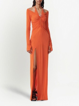 Dion Lee Mobious slit gown in burnt orange – thigh high split halterneck gowns – ruched bodice evening occasion fashion – glamorous halter neck maxi dresses - flipped