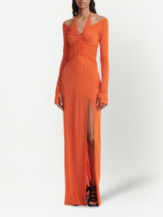 Dion Lee Mobious slit gown in burnt orange – thigh high split halterneck gowns – ruched bodice evening occasion fashion – glamorous halter neck maxi dresses