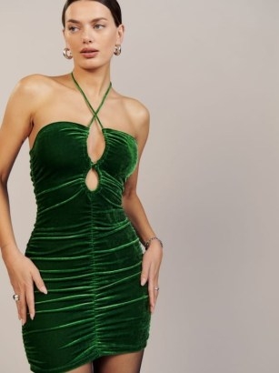 Reformation Dixon Knit Dress in Green Velvet – luxe cut out bodycon – ruched halterneck mini dresses – halter evening fashion – party glamour - flipped