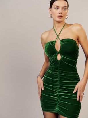 Reformation Dixon Knit Dress in Green Velvet – luxe cut out bodycon – ruched halterneck mini dresses – halter evening fashion – party glamour