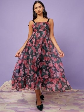 sister jane Tania Floral Organza Dress in Black and Pink – sleeveless fit and flare dresses – velvet shoulder ties – ruffled tiered hemline – feminine occasion fashion - flipped