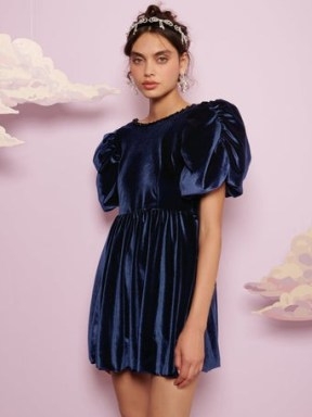 sister jane Spell Velvet Mini Dress in Navy | women’s plush blue party dresses | puff sleeve occasion fashion | DREAM CURTAIN CALL - flipped