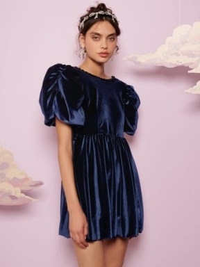 sister jane Spell Velvet Mini Dress in Navy | women’s plush blue party dresses | puff sleeve occasion fashion | DREAM CURTAIN CALL