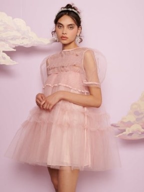 sister jane Pointe Tulle Shirring Dress in Cotton Candy | DREAM CURTAIN CALL collection | pink semi sheer puff sleeve party dresses | tiered net fabric evening fashion - flipped