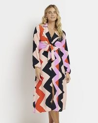 River Island ECRU PRINTED FRONT KNOT MIDI SHIRT DRESS | long sleeved dresses with retro zig zag prints