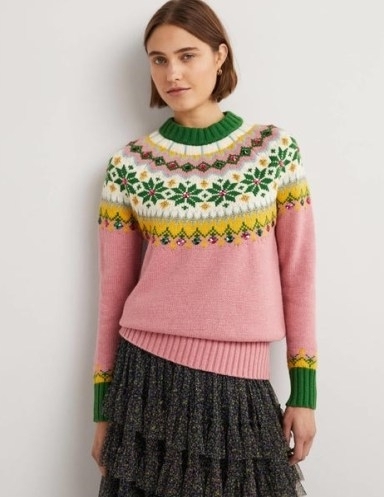 Boden Embellished Fair Isle Jumper in Pink | crystal crew neck jumpers | pretty winter sweaters