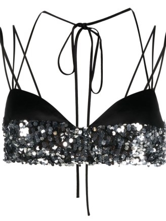 Erdem black sequin-panel bra top / strappy sequinned bralets / spaghetti strap crop tops / glittering bralettes - flipped