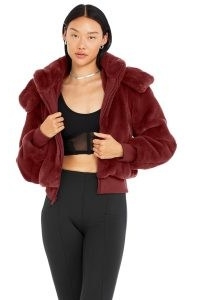 alo yoga FAUX FUR FOXY JACKET in Cranberry | red fluffy hooded zipper jackets | women’s casual luxe winter outerwear | womens textured bomber