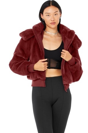 alo yoga FAUX FUR FOXY JACKET in Cranberry | red fluffy hooded zipper jackets | women’s casual luxe winter outerwear | womens textured bomber - flipped
