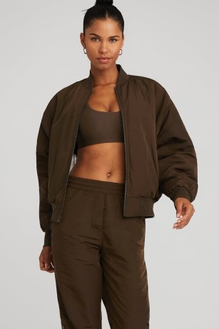 alo yoga FAUX FUR URBANITE BOMBER in Espresso/Ivory | women’s brown oversized zip up jackets | textured lining - flipped