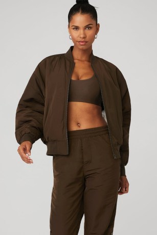 alo yoga FAUX FUR URBANITE BOMBER in Espresso/Ivory | women’s brown oversized zip up jackets | textured lining