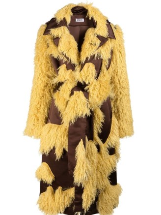 FEBEN Petal faux-fur coat in dark yellow ~ women’s shaggy panel coats ~ womens fluffy retro style winter outerwear - flipped