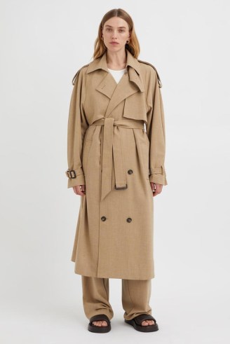 CAMILLA AND MARC Fernando Trench Coat in Flax Brown / women’s modern classic outerwear / womens relaxed belted midi coats - flipped