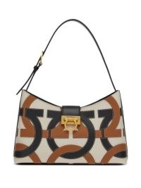 Ferragamo Trifolio leather shoulder bag in beige/multicolour / chic vintage style handbags / neutral 70s inspired bags / Gancini motif / designer logo accessories