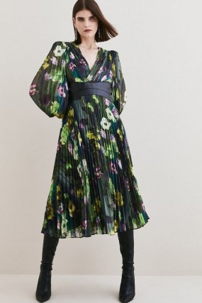 KAREN MILLEN Floral Pleated Pu Woven Maxi Dress / floaty balloon sleeved dresses / wide empire waist detail - flipped