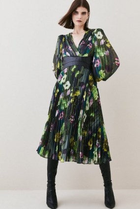 KAREN MILLEN Floral Pleated Pu Woven Maxi Dress / floaty balloon sleeved dresses / wide empire waist detail