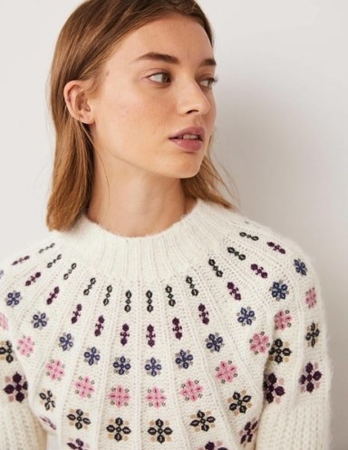 Boden Fluffy Embroidered Jumper Ivory, Multi Embroidery | women’s patterned relaxed fit rib knit jumpers