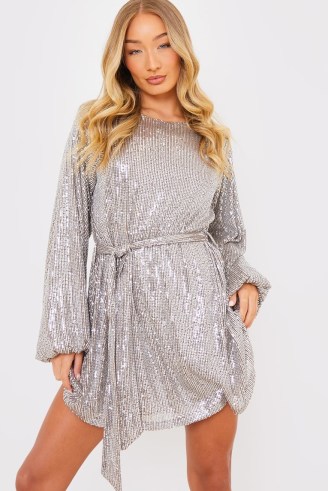 GEMMA ATKINSON GREY SEQUIN MINI DRESS – sequinned tie waist party dresses – women’s glittering going out evening fashion - flipped
