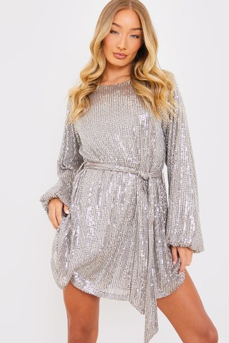 GEMMA ATKINSON GREY SEQUIN MINI DRESS – sequinned tie waist party dresses – women’s glittering going out evening fashion