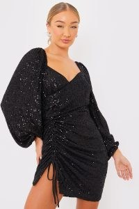 GEORGIA LOUISE BLACK SEQUIN PUFF SLEEVE RUCHED DRESS – sequinned balloon sleeved party dresses