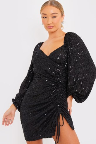 GEORGIA LOUISE BLACK SEQUIN PUFF SLEEVE RUCHED DRESS – sequinned balloon sleeved party dresses - flipped
